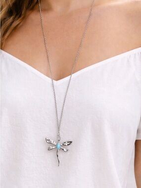 Silver Dragonfly Pendant Necklace with Blue Stone